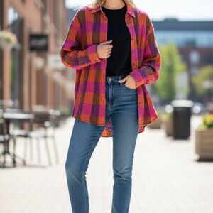 Jane & Delancey Plaid Tunic Top L Large Pink Orange Checkered Boho Fall Soft